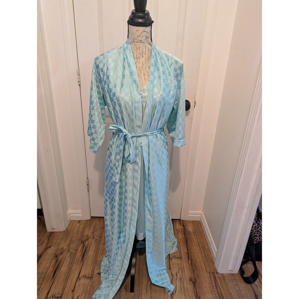 Vintage Julie Girl Vanity Fair Peignoir Set Robe Nightgown Blue Satin USA Medium